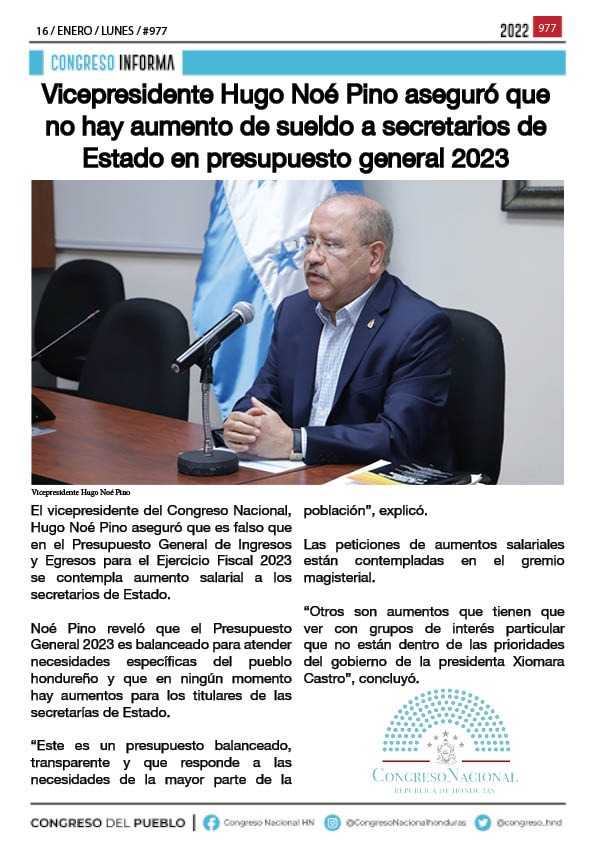 Vicepresidente Hugo Noé Pino aseguró que no hay aumento de sueldo a secretarios de Estado en presupuesto general 2023